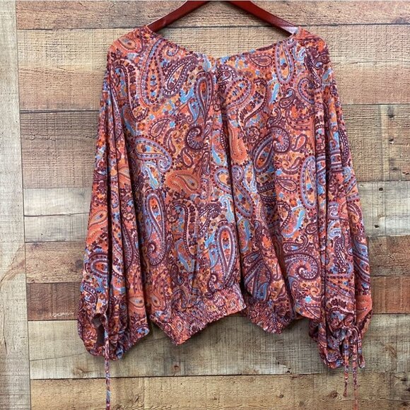 Umgee Womens Boho Paisley Print V-Neck Long Sleeve Blouse - Size L - Picture 6 of 6